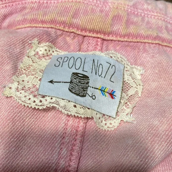 Spool 72 distressed pink denim jean jumpsuit overalls size small Petite - Picture 12 of 12